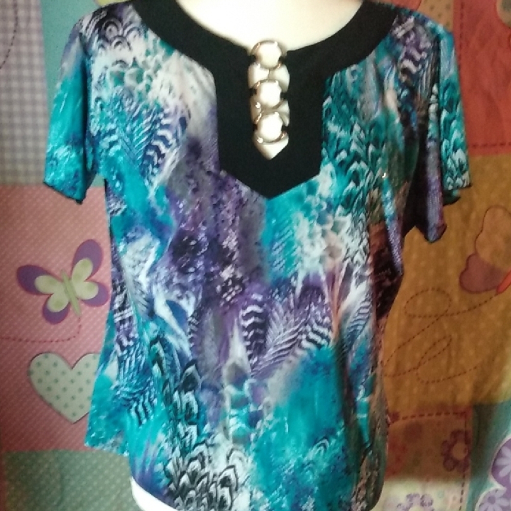 Dressbarn Petite XLP Womens Sparkly Sequin Multi-Color Blouse Silver Accents